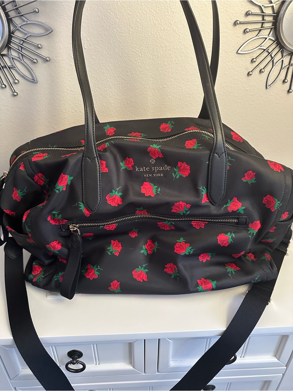kate spade black travel duffel with red rose print - Picture 5 of 10